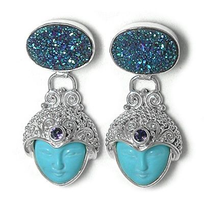Turquoise Goddess Earrings with Iolite and Caribbean Druzy