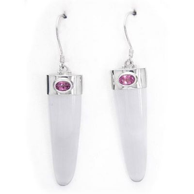 Silver Fiber Optic and Passion Pink Topaz Dangle Earrings