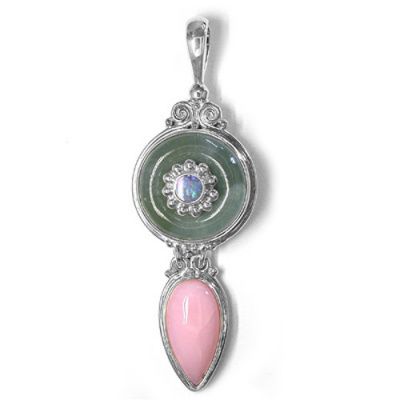 Aqua Calcite Disk, Pink Opal & Opal Doublet Pendant
