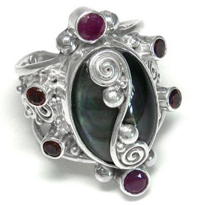 Black Mother of Pearl, Ruby and Garnet Ring