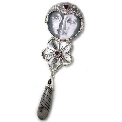 Silver Fiber Optic Goddess, Black Mother of Pearl Flower, Ruby, Black Star and Picasso Marble Pin-Pendant