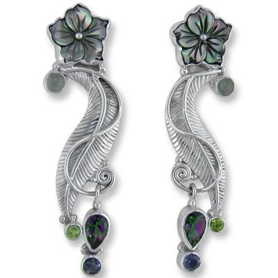 Mother of Pearl Flower Earrings with Moonstone, Peridot, Mystic Topaz and Iolite