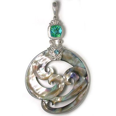 Abalone Shell Wave Pendant with Caribbean Quartz and Blue Topaz