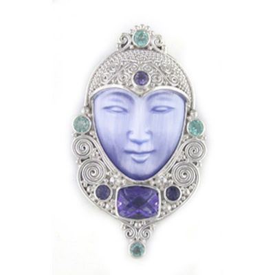 Blue Fiber Optic Goddess Pin-Pendant with Rainbow Iris Quartz, Apatite, and Iolite