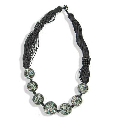 Abalone Shell Mosaic, Black Agate Bead with Multi-Strand Cord Necklace