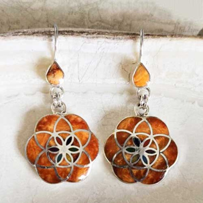 Spiny Oyster Inlaid Sacred Flower of Life Earrings. 