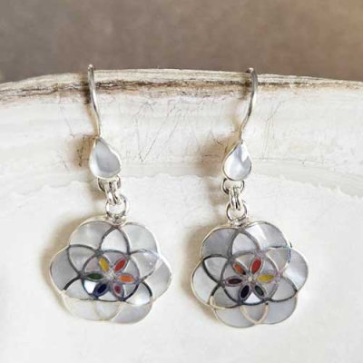 Mother of Pearl Shell Inlaid Sacred Flower of Life Earrings 