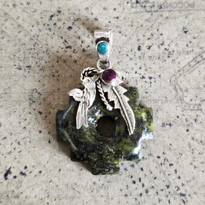 Serpentine Chakana Pendant with Hummingbird