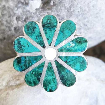 Peruvian Turquoise (Chrysocolla) Flower Ring Size 8