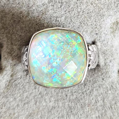One of a Kind Snowy Created Opal Backed Quartz Ring (17mm) Size 7