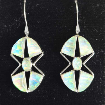 One of a Kind Snowy Created Opal Backed Quartz Marquis Star Earrings