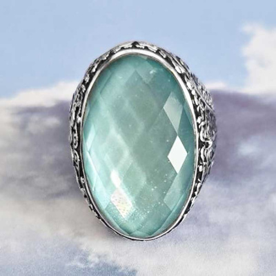 One of a Kind Sterling Silver Mother of Parl Backed Aqua Blue Quartz Locket Ring Size 7