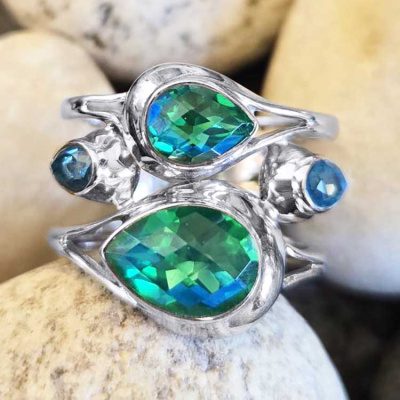 Caribbean Quartz & Blue Topaz Ring Size 7