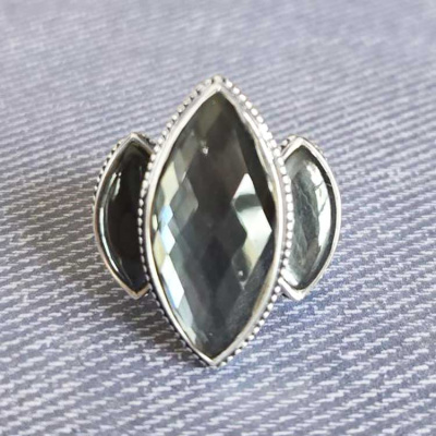 Triple Black Diamond Quartz Ring with Detailed SilverSize 7