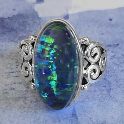 Dark Blue Green Created Opal Quartz Ring Size 8