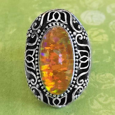 Large Oval Cabochon Orange Created Opal Ring Size 8