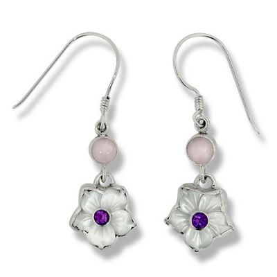 Mother of Pearl Flower Earrings with Rose Quartz and Amethyst