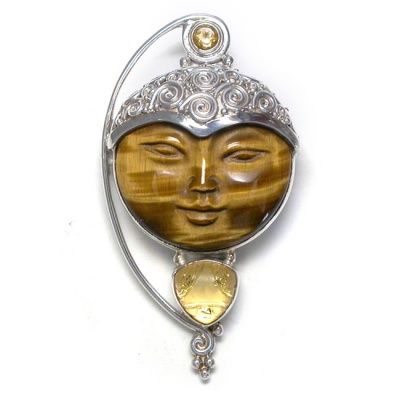 Tiger Eye Goddess Pin-Pendant with Gold Backed Etched Crystal Quartz and Citrine