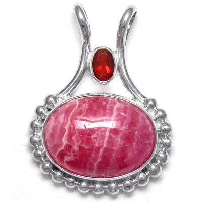 Rhodocrosite Double Bale Pendant with Mexican Fire Cherry Opal