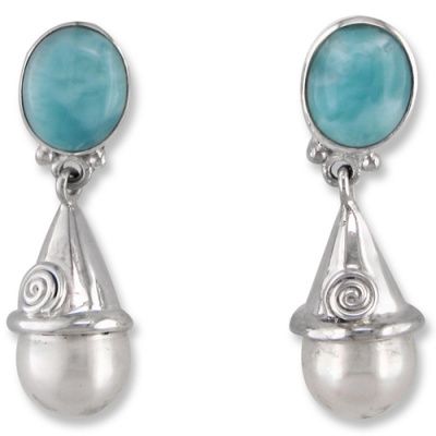 Larimar Post Earrings with Sterling Silver Capped Pearl Dangle