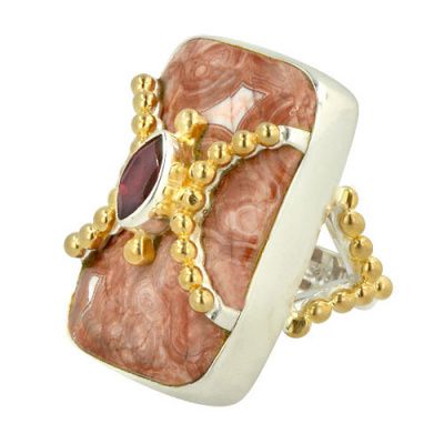 Mexican Crazy Lace & Garnet Ring wih Vermeil