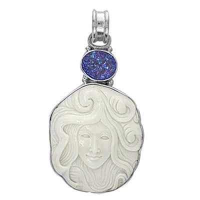 Handcarved Goddess Pendant with Caribbean Druzy