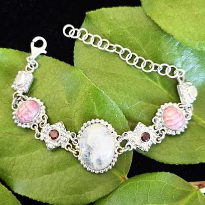 Rhodocrosite, Rainbow Moonstone and Garnet Silver Bracelet