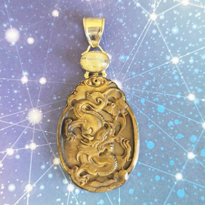 Carved Dragon Tiger Eye Vermeil Pendant