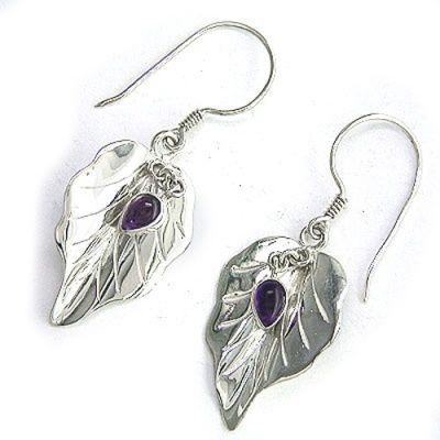Sterling Silver Leaf Dangle Earrings with Amethyst 