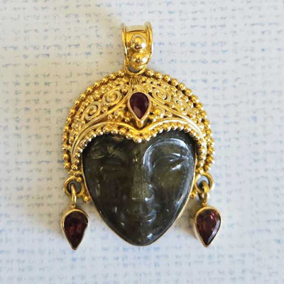 18K GOLD Labradorite Goddess Pendant with Pink Tourmaline and Ruby