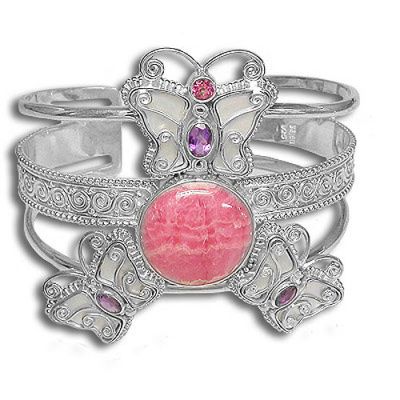 White Mother of Pear Butterfly Cuff Bracelet with Pink Tourmaline, Amethyst & Rhodocrosite