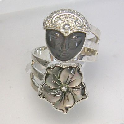 Rainbow Obsidian Goddess and  Black Mother of Pearl Flower Ring 