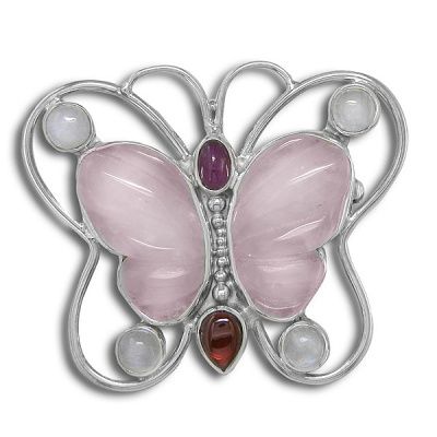 Rose Quartz Butterfly Pin-Pendant with Ruby, Garnet and Rainbow Moonstone