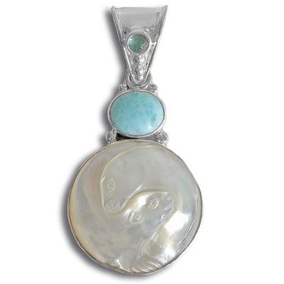 Carved Mother of Pearl Seals & Larimar Pendant