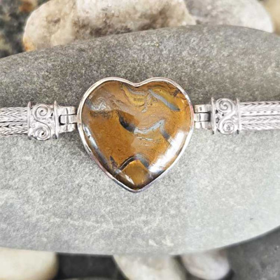 Sterling Silver Tiger Iron Heart Silver Bracelet with Woven Chain