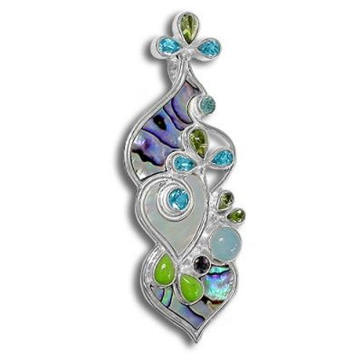 Paua & Mother of Pearl Shell Pin-Pendant with Ocean Blue Chalcedony