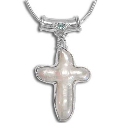 Freshwater Cultured Pearl Cross Pendant with Apatite