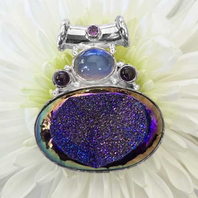 Rainbow Window Druzy Pendant with Titanium Backed Moonstone & Amethyst