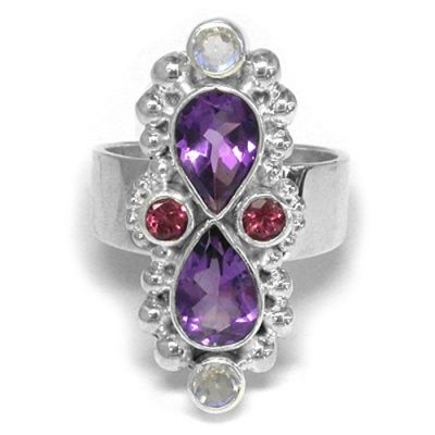 One-of-a-Kind Amethyst Ring with Moonstone and Pink Tourmaline