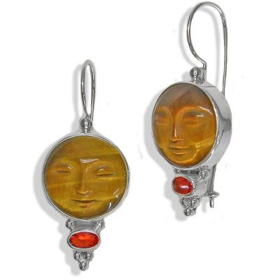 Tiger Eye Face and Mexican Fire Opal Latchback Earrings