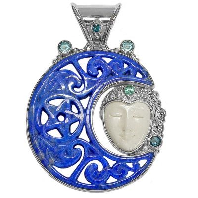Celtic Carved Lapis Moon & Goddess Pendant