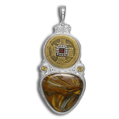 Chinese Coin and Garnet Pendant with Tiger Iron and Citrine