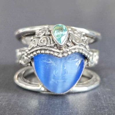 Sterling Silver Blue Fiber Optic Goddess Ring with Apatite