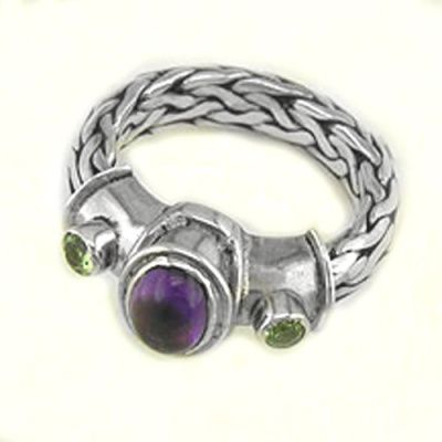 Amethyst and Peridot Ring with Hand Woven Sterling Silver Band