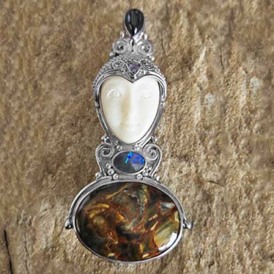 Goddess Pin-Pendant with Pietersite, Opal, Black Star Diopside, and Tanzanite