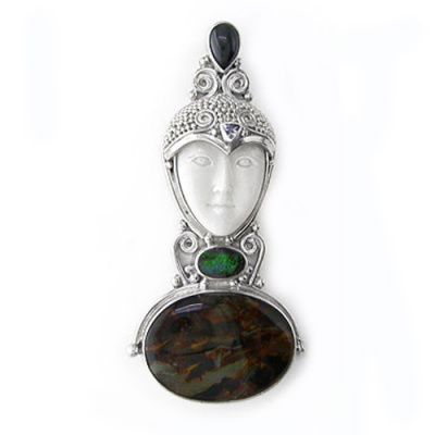 Goddess Pin-Pendant with Pietersite, Opal, Black Star Diopside, and Tanzanite