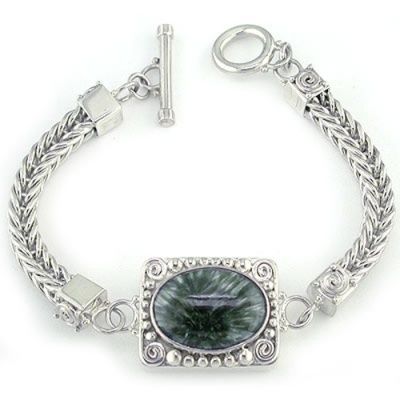 Seraphinite Bracelet with Sterling Silver Woven Band and Toggle Clasp