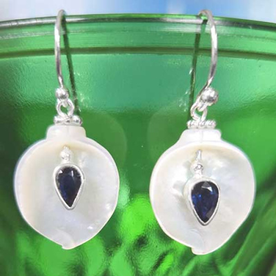 Mother of Pearl Calla Lily & Iolite Earrings