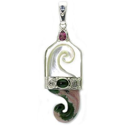 Mother of Pearl and Ocean Jasper Wave Pendant with Pink Topaz, Green Tourmaline and Tanzanite