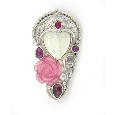 Goddess Pin-Pendant with Rhodocrosite Flower, Ruby, Pink Tourmaline, Garnet, and Rainbow Moonstone